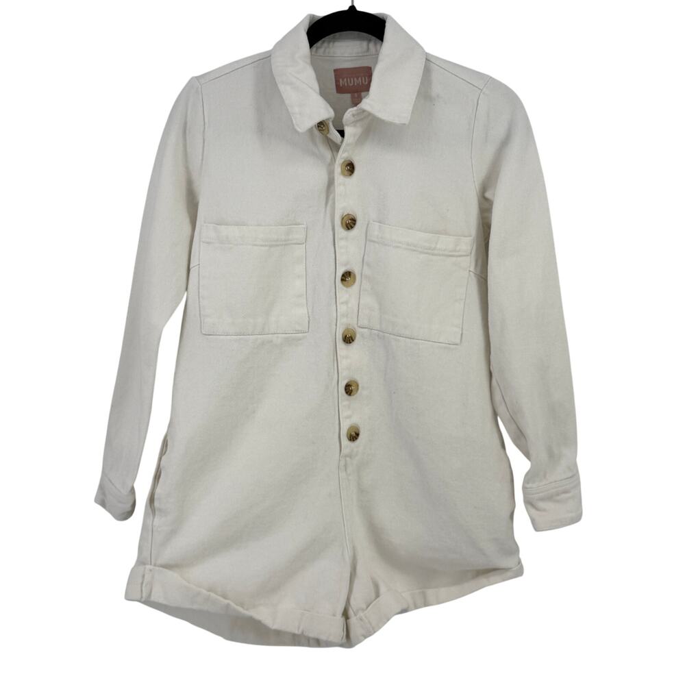 Show Me Your MuMu Tegan White Denim Romper Size Small Long Sleeve Shorts